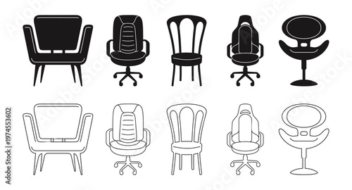 Line art chair silhouettes for office and kitchen. Vector illustrations seats with wooden and metal legs. Armchairs and stools in linear outlines style. Monochrome icons and interior visuals