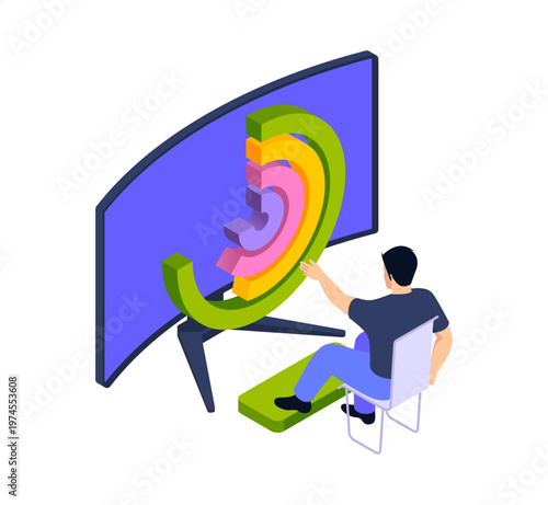 Man sitting near large display. Vector isometric male character examine pie chart on screen and study data. Guy focusing on diagrams and interpreting numbers. Office task and report analysis