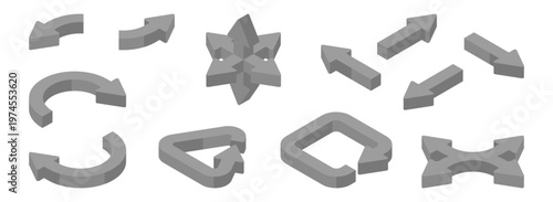 Isometric 3D arrows in different directions. Vector isolated set of circular and straight, triangular and detour pointers. Movement, direction and navigation. Infographic design and game graphics