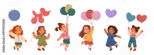Happy group of kids with balloons in their hands celebrating event. Vector girl characters are jumping and dancing at party with inflatable objects. Children holding decor for having fun indoors