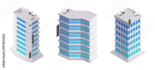 City highrise building with advertising banners. Vector isolated modern residential construction with panoramic windows. Urban structure for apartments. Establishment accommodation for people