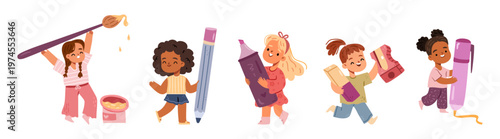 Children interacting with giant writing tools. Vector isolated characters holding brush and pencil, marker and pen, eraser and sharpener. Happy girls running, drawing and painting together