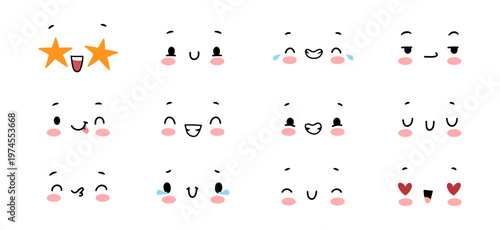 Collection of small kawaii faces showing positive emotions. Vector characters expressing joy and excitement, admiration and love. Icons for planners or chat stickers, social media and UI elements