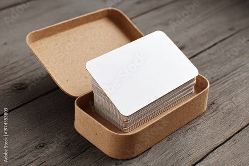 Stack of blank white cards with rounded corners in an open brown box on wood