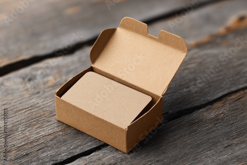 Small open brown cardboard box containing blank craft paper cards on wooden table