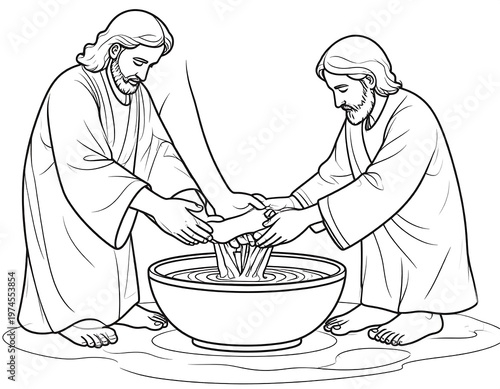 An illustration depicts two figures gently washing a third's feet in a bowl. The scene is a black and white line drawing