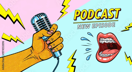 Vibrant podcast episode announcement illustration.