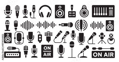 Set of music and sound icons, audio recording equipment and studio tools, simple design elements.