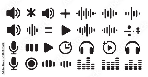 Set of audio and sound icons, music volume controls and media elements, simple design elements.