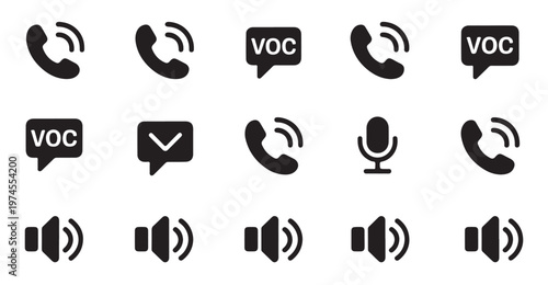 Set of 15 phone call and audio icons, including ringing phones, voice messages, and speakers.