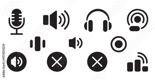 Essential sound and audio interface icons microphone speaker headphones volume mute and record buttons.