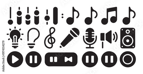 Music production equipment silhouette icons for sound engineering and multimedia interface.