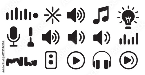 Digital sound wave silhouette icons for audio player interface and volume control settings.