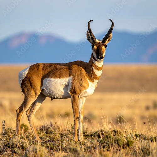 A pronghorn antelope stands tall on a grassy plain. Its unique coat pattern complements the landscape with mountains in the distance