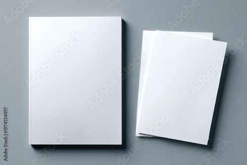 Crisp, blank white sheets of paper, one block and one stack, on gray surface
