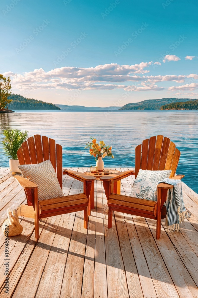 Fototapeta premium Relaxing morning on a wooden dock with two Adirondack chairs facing a peaceful lake