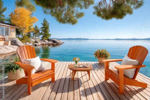Two orange Adirondack chairs on a wooden dock overlooking a calm lake for a peaceful summer retreat
