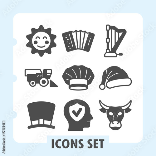 Sun smile, harvester, cylinder hat icons, collection illustrating concepts from nature and music to food and security. Set of nine glyph icons on white background.