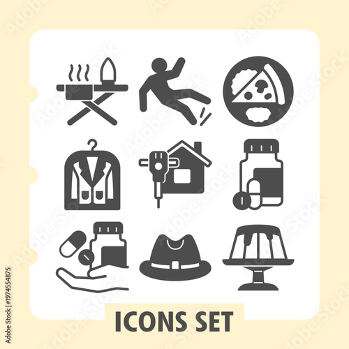 Ironing board, microphone ban, medication pills icons, collection illustrating concepts such as home activities, health, food and fashion. Set of nine glyph icons on white background.