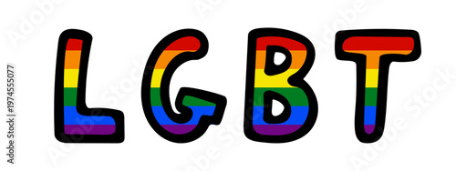 LGBT rainbow letters bold typography, pride acronym colorful text symbol, hand-drawn style LGBTQ lettering, people's rights movement diversity equality identity concept. Isolated. Vector illustration.