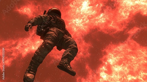 Astronaut adrift in fiery nebula