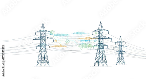 Illustration of electricity pylons with abstract data or energy flow between them, symbolizing modern power transmission.