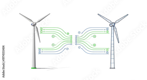 Digital twin concept illustrating data exchange between a physical wind turbine and its virtual model.