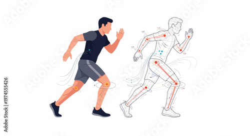 Illustration of a running man with a detailed biomechanical analysis overlay showing joints and motion.