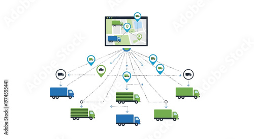 A visual representation of a fleet management system showing multiple delivery trucks being tracked on a central map display for logistics and distribution.