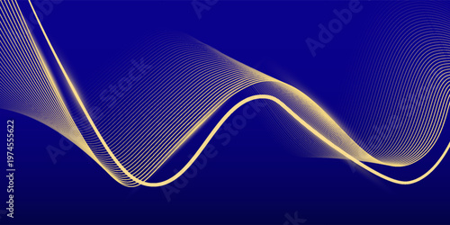 Abstract luxury blue gradient with shining gold flowing lines. Modern luxury line wave pattern background suitable for banner, poster, award, brochure, cover, flayer.