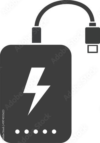 Portable power bank with connected cable and digital indicator lights signifies mobile device charging and energy solutions on the go.