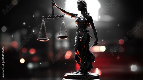Themis statue of justice holding scales and sword with abstract legal data background