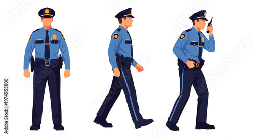 Collection set vector flat style of 3 police officers in different poses wearing uniform, law enforcement characters isolated on clean background for security and public safety concepts