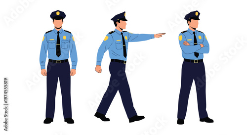 Collection set vector flat style of 3 police officers in different poses wearing uniform, law enforcement characters isolated on clean background for security and public safety concepts