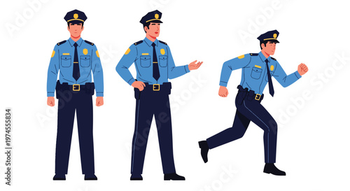 Collection set vector flat style of 3 police officers in different poses wearing uniform, law enforcement characters isolated on clean background for security and public safety concepts