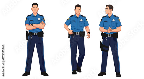 Collection set vector flat style of 3 police officers in different poses wearing uniform, law enforcement characters isolated on clean background for security and public safety concepts