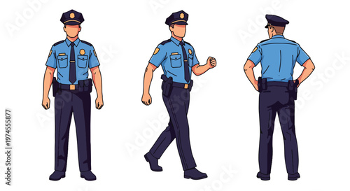 Collection set vector flat style of 3 police officers in different poses wearing uniform, law enforcement characters isolated on clean background for security and public safety concepts