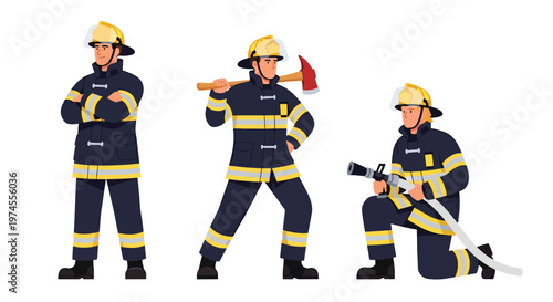 Collection set vector flat style of 3 firefighters in protective gear and helmet, emergency response characters isolated on clean background for rescue, safety, and fire service concepts