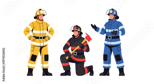 Collection set vector flat style of 3 firefighters in protective gear and helmet, emergency response characters isolated on clean background for rescue, safety, and fire service concepts