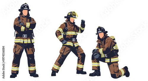 Collection set vector flat style of 3 firefighters in protective gear and helmet, emergency response characters isolated on clean background for rescue, safety, and fire service concepts
