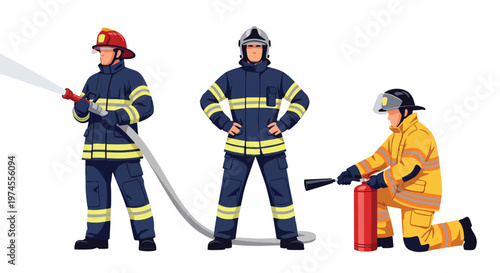 Collection set vector flat style of 3 firefighters in protective gear and helmet, emergency response characters isolated on clean background for rescue, safety, and fire service concepts