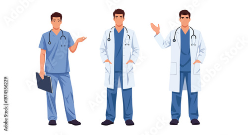 Collection set vector flat style of 3 medical professionals including doctor, healthcare workers isolated on clean background for hospital and medical service concepts