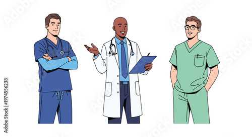 Collection set vector flat style of 3 medical professionals including doctor, healthcare workers isolated on clean background for hospital and medical service concepts