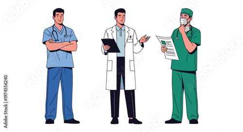 Collection set vector flat style of 3 medical professionals including doctor, healthcare workers isolated on clean background for hospital and medical service concepts