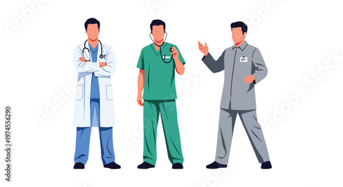 Collection set vector flat style of 3 medical professionals including doctor, healthcare workers isolated on clean background for hospital and medical service concepts