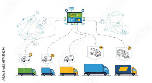 Illustration of a centralized logistics and fleet management system connecting various types of delivery trucks and data networks.
