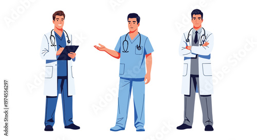 Collection set vector flat style of 3 medical professionals including doctor, healthcare workers isolated on clean background for hospital and medical service concepts