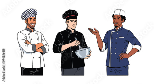 Collection set vector flat style of 3 professional chefs wearing uniform and hat, isolated on clean background for restaurant, culinary, and kitchen service concepts
