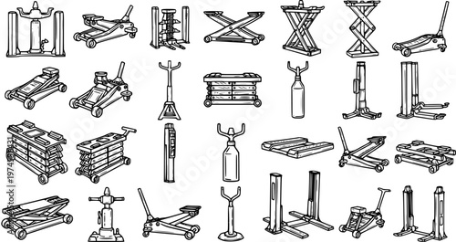 Automotive Car Jacks and Lifts Equipment Outline Hand-Drawn Vector Set for Auto Repair and Garage Service Illustrations