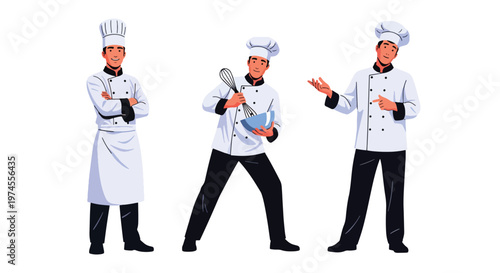 Collection set vector flat style of 3 professional chefs wearing uniform and hat, isolated on clean background for restaurant, culinary, and kitchen service concepts
